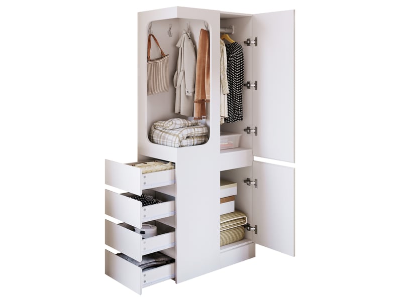  Armoire une porte avec 4 tiroirs et penderie ouverte pour chambre en pin, contreplaqué et mdf blanche 70 × 40 × 170 cm  - Conforama A