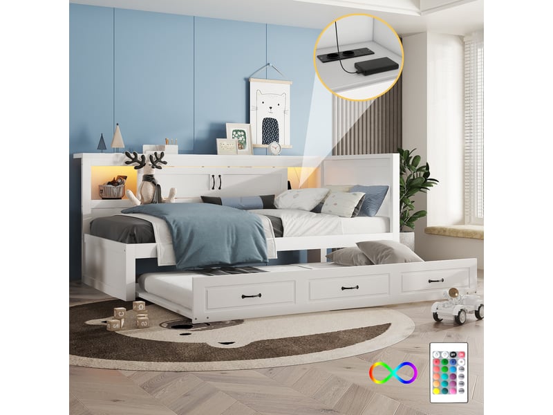  Lit banquette 90x200 avec lit gigogne et led, lit de jour blanc avec prises usb et rangement  - Conforama E
