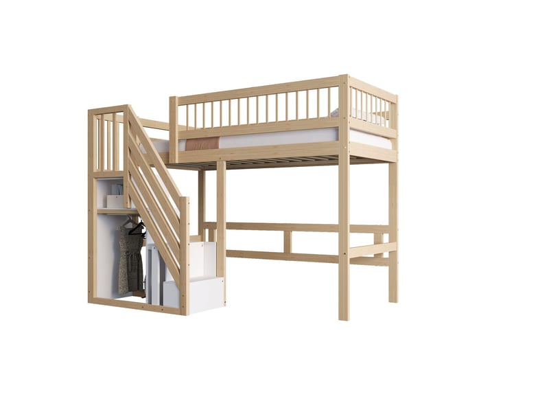  Lit mezzanine 90x200, structure bois massif sécurisée lit enfant, escalier rangements  - Conforama E