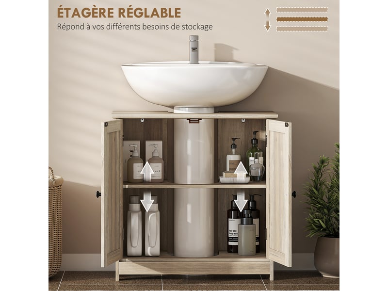  Meuble sous lavabo salle de bain gris, 2 portes, étagère réglable, 60 x 30 x 60 cm  - Conforama W