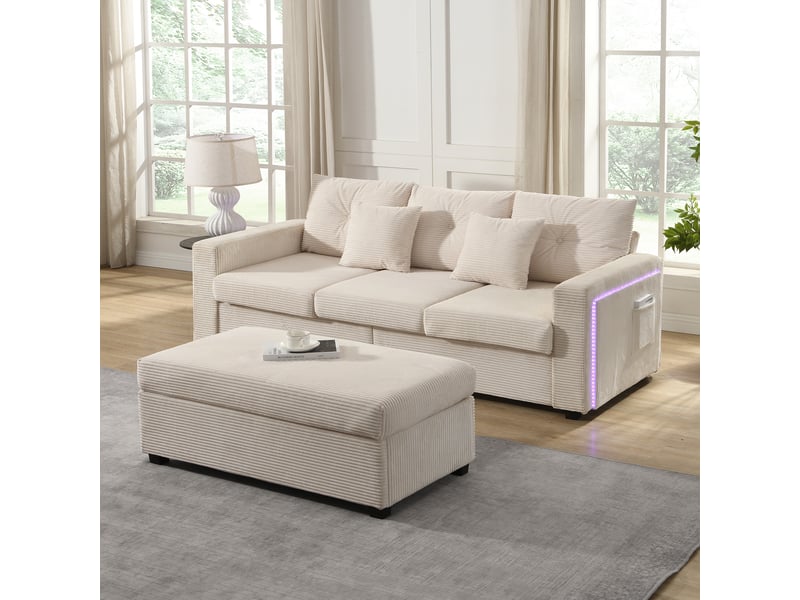  Canapé d'angle modulable et canapé 3 places avec pouf, canapé forme l en velours côtelé doux avec éclairage led intelligent.  - Conforama C