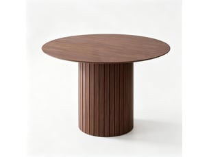 Table de salle à manger ronde pour 6 personnes avec pied cylindrique strié, en bois marron foncé, diamètre 120 cm