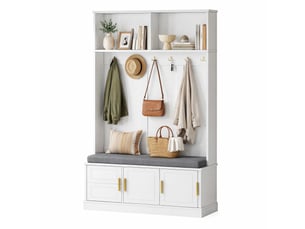Meubles d'entrée avec banc, 6 patères triples, rangement à chaussures et niches ouvertes, blanc, 120 × 40 × 191 cm