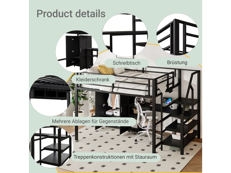  Lit superposé noir 140x200 cm avec armoire, étagères, échelle de rangement et bureau - sans matelas  - Conforama D