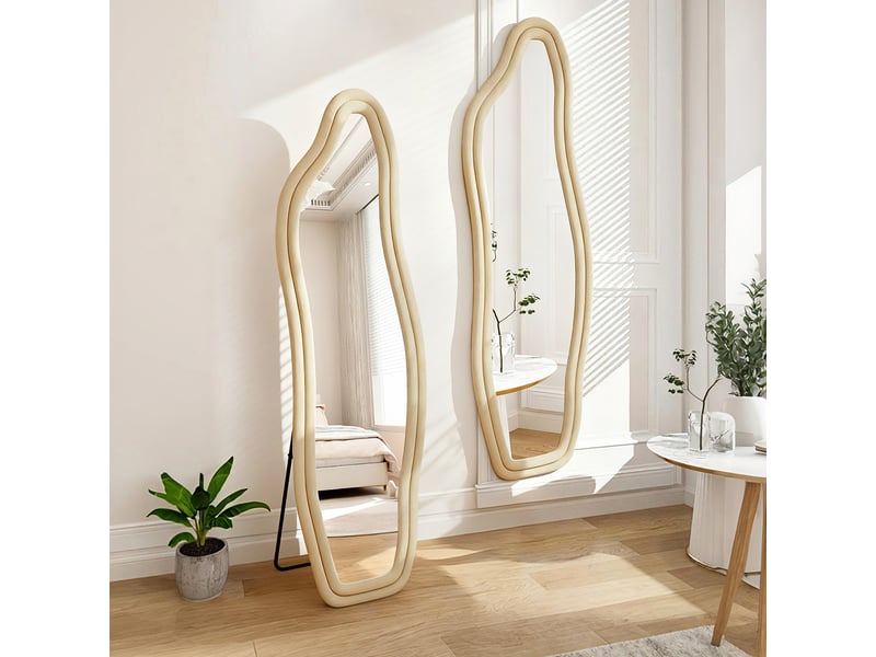  Miroir sur pied irrégulier 140 x 45 cm, miroir sur pied à cadre en alliage d’aluminium, idéal pour chambre, dressing, salon – design moderne, jaune  - Conforama B