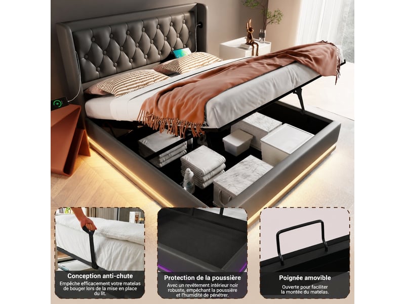  Lit coffre hydraulique 140x200 cm, noir en pu, tête capitonnée, led et usb-c  - Conforama D