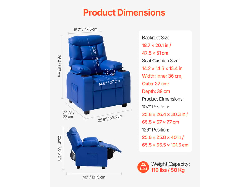  Vevor fauteuil inclinable pour enfants - chaise relax ergonomique en cuir pu, dossier réglable 107°-126°, 2 porte-gobelets, 4 poches, repose-pieds, bleu SX-81582 - Conforama C