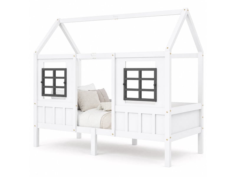 Lit cabane enfant 200×90 cm avec 2 fenêtres et barrières de protection, sans matelas, en pin massif et mdf blanc - Conforama A