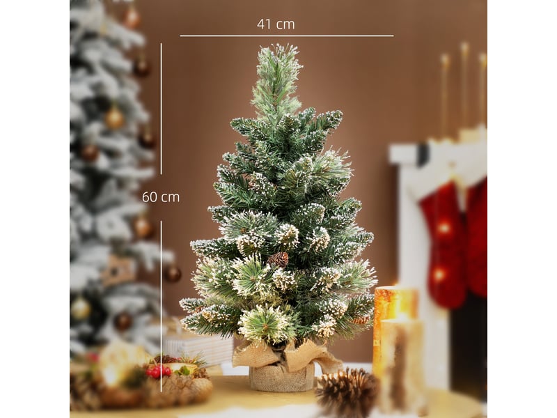 Sapin de noël artificiel 60 cm, mini arbre de noël de table floqué avec 35 led, pommes de pin, fonctionne à piles, vert  - Conforama C