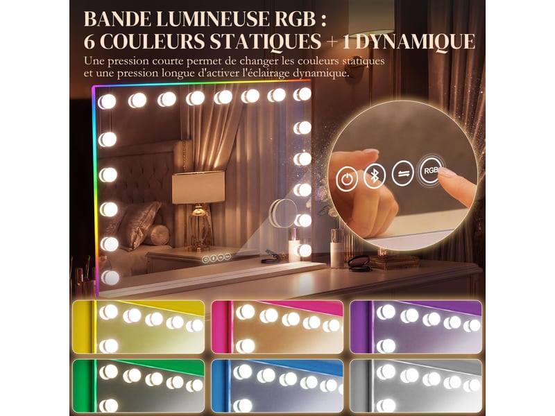  Miroir maquillage hollywood 18 ampoules led, 3 couleurs d'éclairage, lumière rgb, blanc, haut-parleur bluetooth  - Conforama R