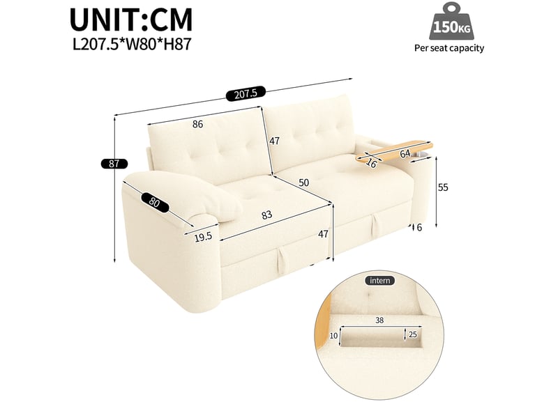 Canapé modulaire 2 places 207,5 x 80 cm – beige – rangement, table d’appoint pivotante et têtière - Conforama C