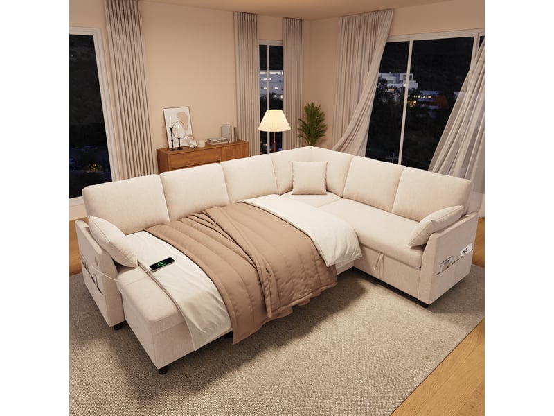 Canapé d'angle en l ou en u – 6 places – avec coffre de rangement – avec ports usbtype-c – avec 3 coussins – beige - Conforama D