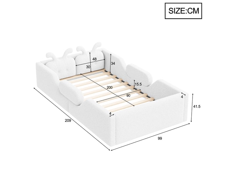  Lit enfant rembourré 90x200cm blanc, tête de lit oreilles de lapin, coussin décoratif, garde-corps et sommier à 12 lattes, pratique au quotidien  - Conforama D
