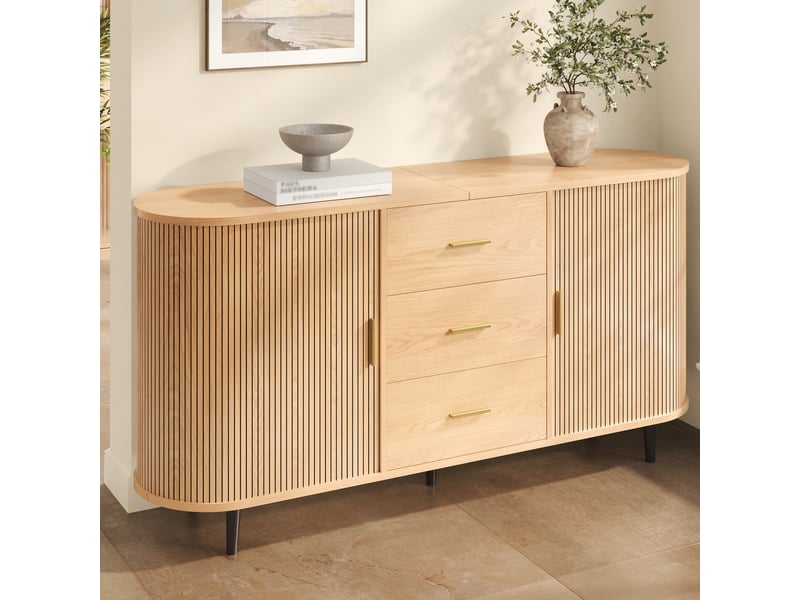 Buffet arrondi 160 cm décor bois naturel, 2 portes coulissantes, 3 tiroirs, étagères réglables et pieds en fer - Conforama D