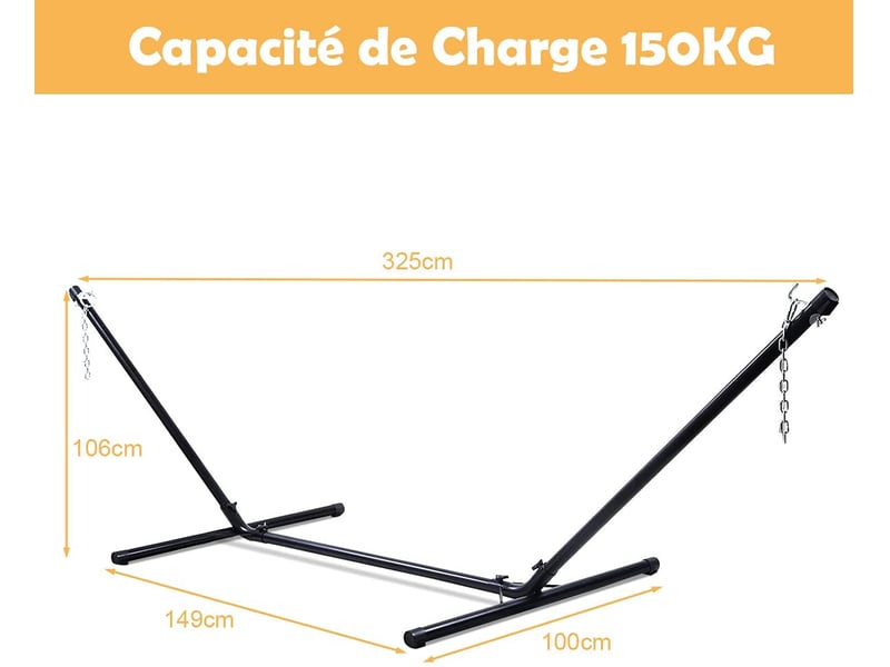 Support Hamac C-Forme COSTWAY Métal Noir Charge 150 Kg - Cadre Robuste Pour Chaise Hamac Intérieur Et Extérieur