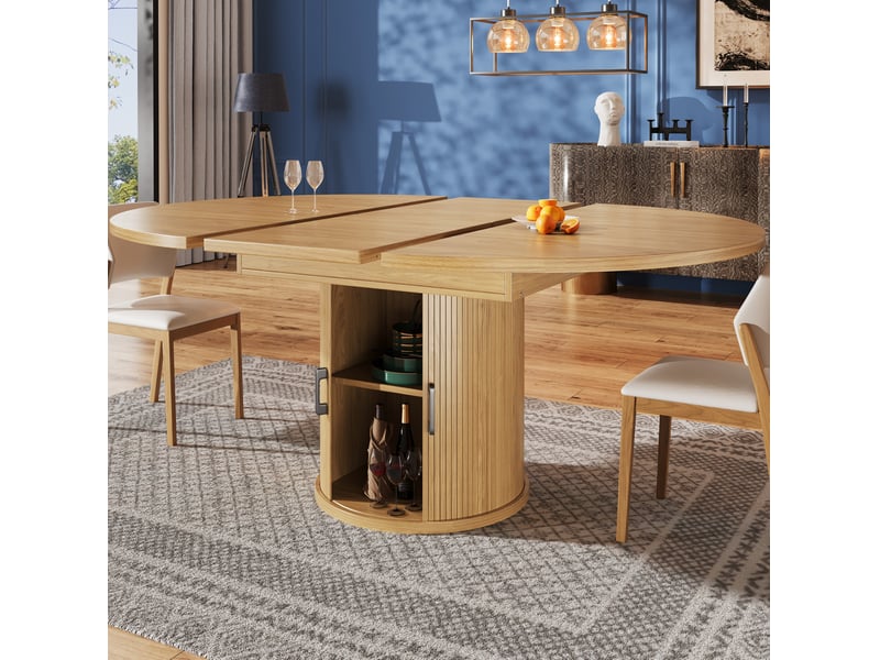  Table à manger extensible ronde 118-158x118 cm – naturel – rangement intégré et plateau ovale jusqu’à 6 personnes  - Conforama B