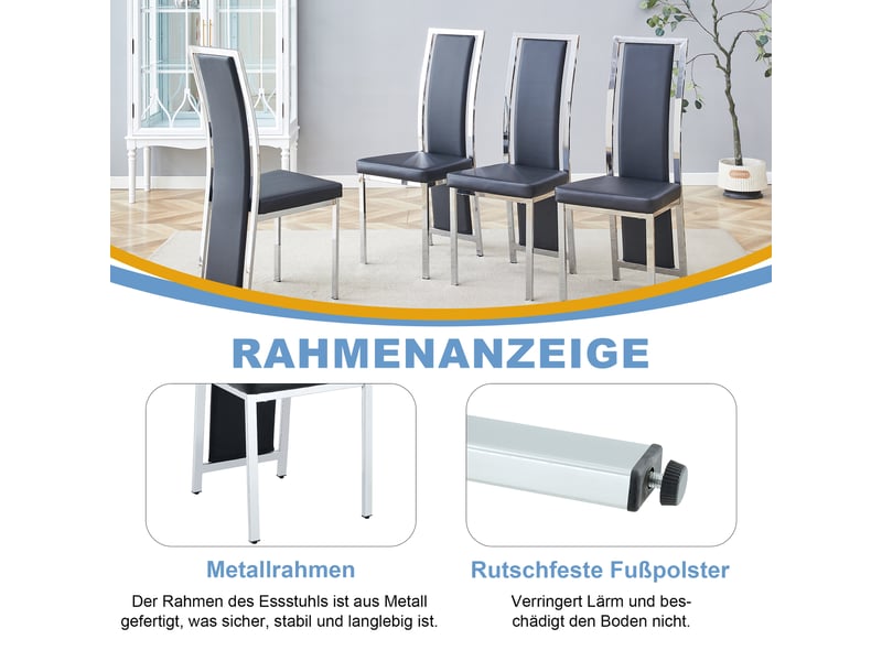  Chaises salle à manger lot de 4 à dossier haut  - rembourrées, métal et simili cuir noir argent, 109 cm  - Conforama E