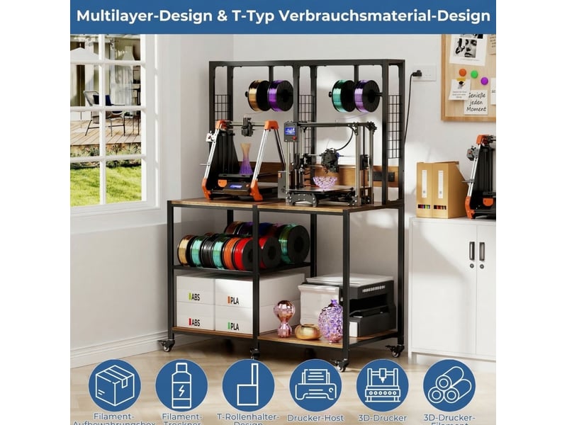  Étagère pour 2 imprimantes 3d avec supports de filament, rangements ouverts et roulettes freinées en métal noir  - Conforama E