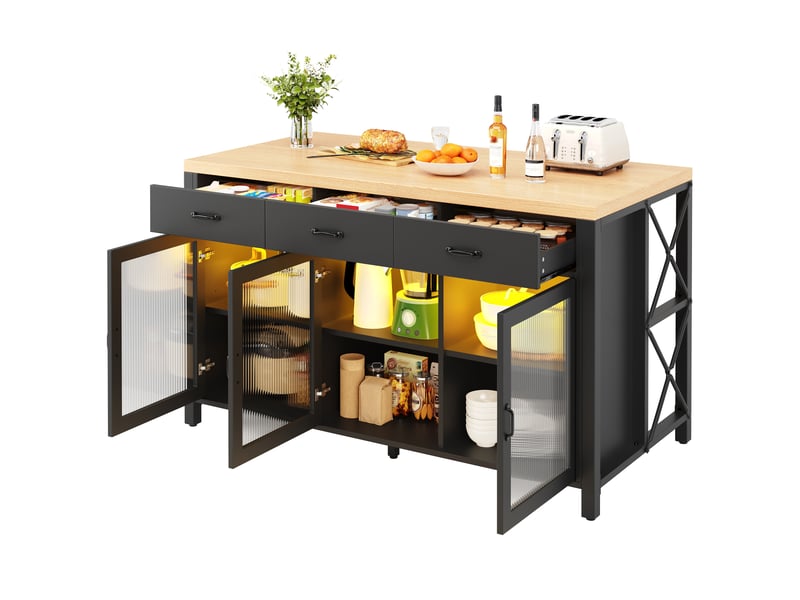 Îlot de cuisine industriel avec 3 tiroirs et portes en verre, table de bar avec éclairage led, 150x80x90cm, noir et naturel - Conforama A