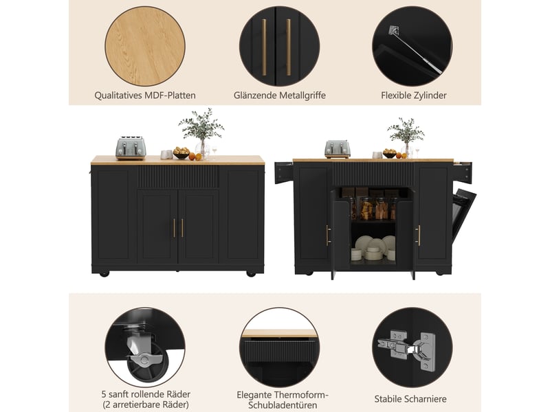 Îlot de cuisine mobile 120 × 50 × 92 cm en mdf et métal, compartiment poubelle, 2 portes, 3 tiroirs et roulettes - Conforama D