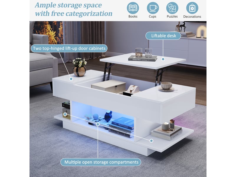  Table basse relevable led avec 3 rangements et 4 niches pour salon en panneaux de particules 98×45×40 cm blanche  - Conforama C