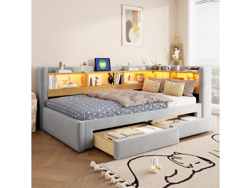 Canapé-lit 90x200 cm – avec lit gigogne – avec 2 tiroirs – avec éclairage led – avec prise électrique – gris clair (matelas non inclus)  - Conforama D