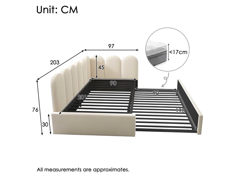  Lit banquette gigogne 90x200 cm, lit tiroir 90x190 cm, sommier à lattes, dossier en l, velours beige C-DEGAYUN - Conforama C