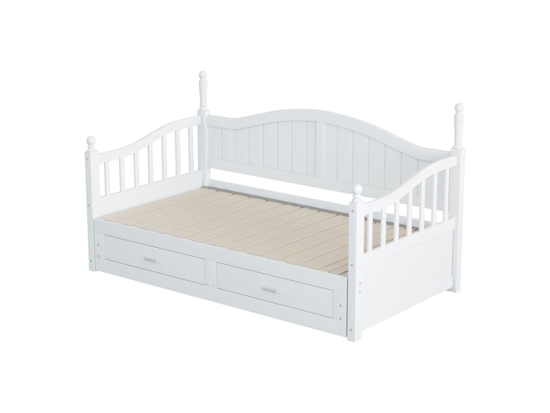  Lit gigogne enfant 90x190 cm (ouvert 180x190 cm), accoudoirs style colonnes et dossier courbé, tiroirs, pin et mdf, blanc  - Conforama E
