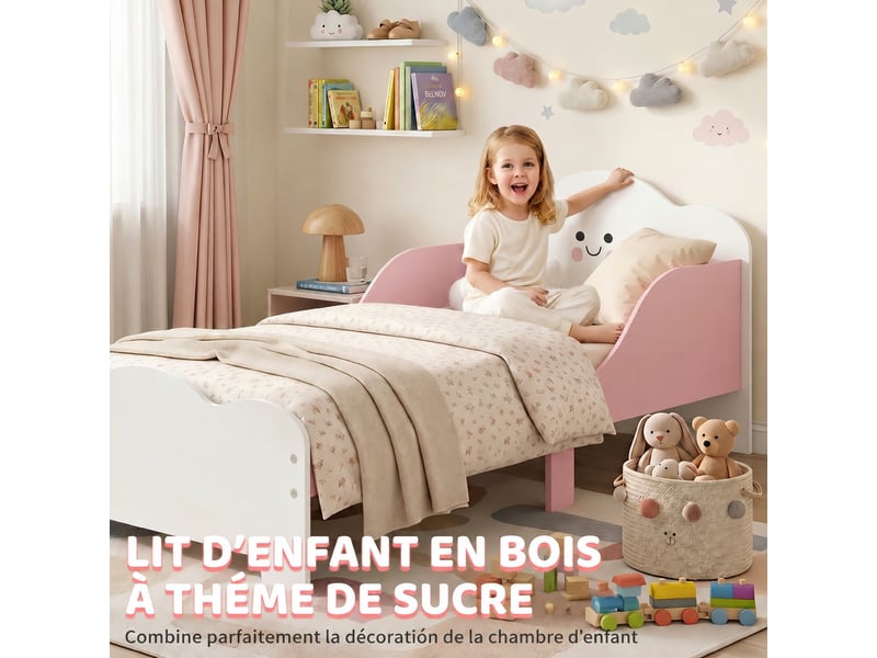 Lit enfant montessori 70 x 140 cm avec barrières hautes, panneau e1, rose, 3 à 6 ans - Conforama D