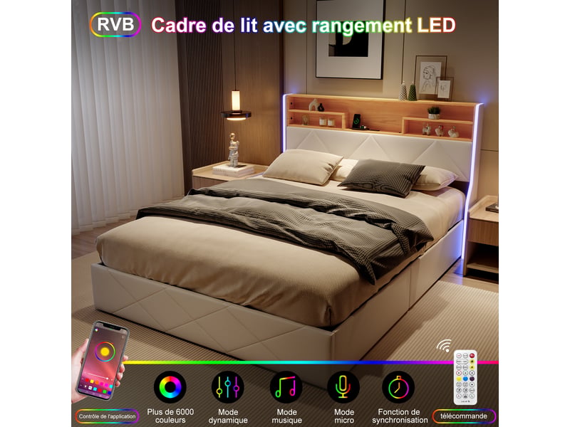  Lit coffre - pocketpop - 140x190 - pu blanc - tête de lit led et usb  - Conforama R