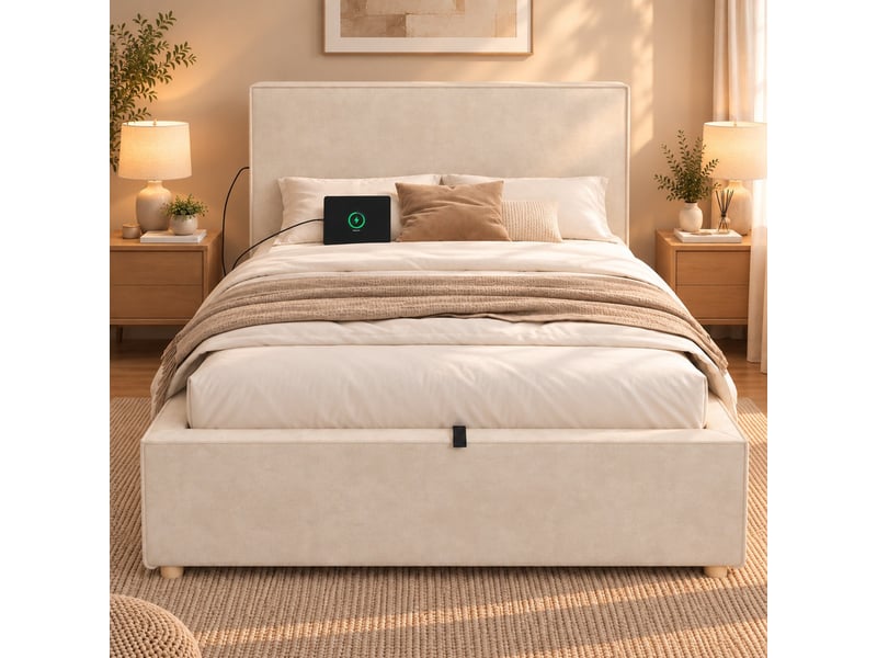  Lit enfant, 90 x 200 cm, lit fonctionnel avec mécanisme hydraulique, tête de lit rembourrée, tissu chenille, beige  - Conforama D