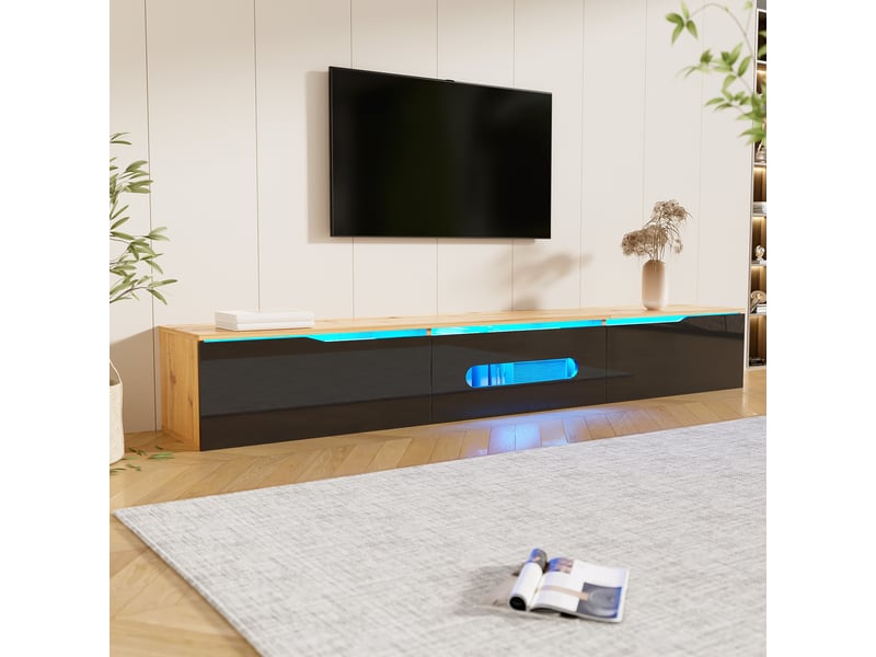  Meuble tv avec 3 portes , led et fixation murale ou pose au sol, pour salon, mdf, noir et bois, 180 × 35 × 30 cm  - Conforama D
