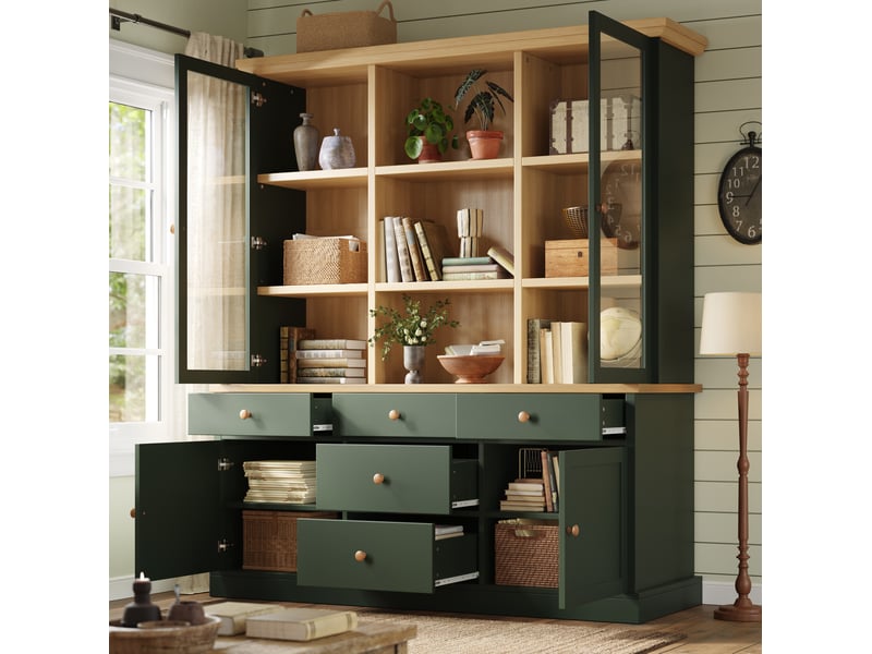 Buffet haut avec portes vitrées et 5 tiroirs, 140x40x185 cm, vert - Conforama C