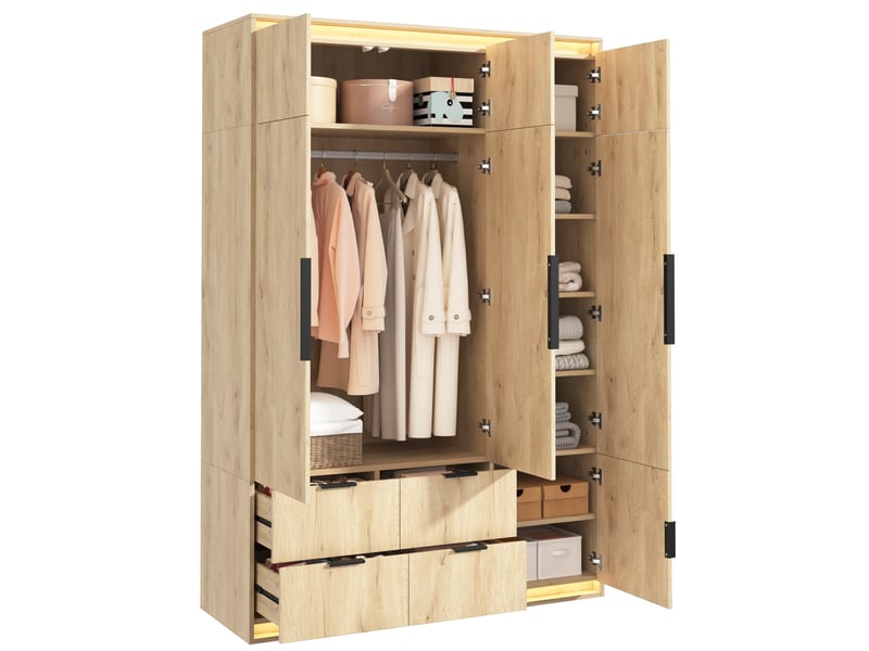  Armoire 3 portes 135x47x200 cm avec miroir, led et 4 tiroirs coloris chêne  - Conforama A