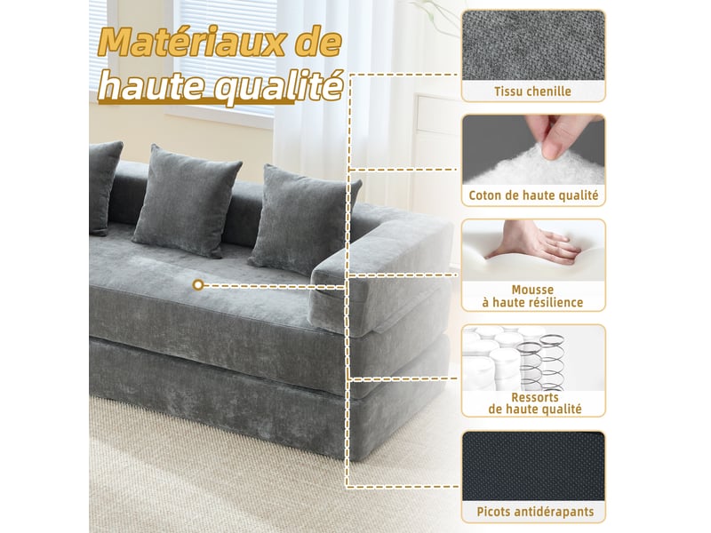  Canapé modulable en chenille gris foncé 198 x 79 x 60 cm, convertible avec poches latérales et base antidérapante 198x79x60cm - Conforama R