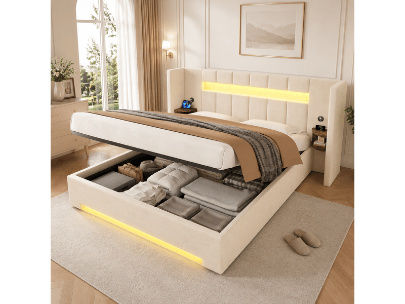  Lit coffre 160x200 cm, lit double, rangement hydraulique, armoire, led, port usb, velours beige  - Conforama D