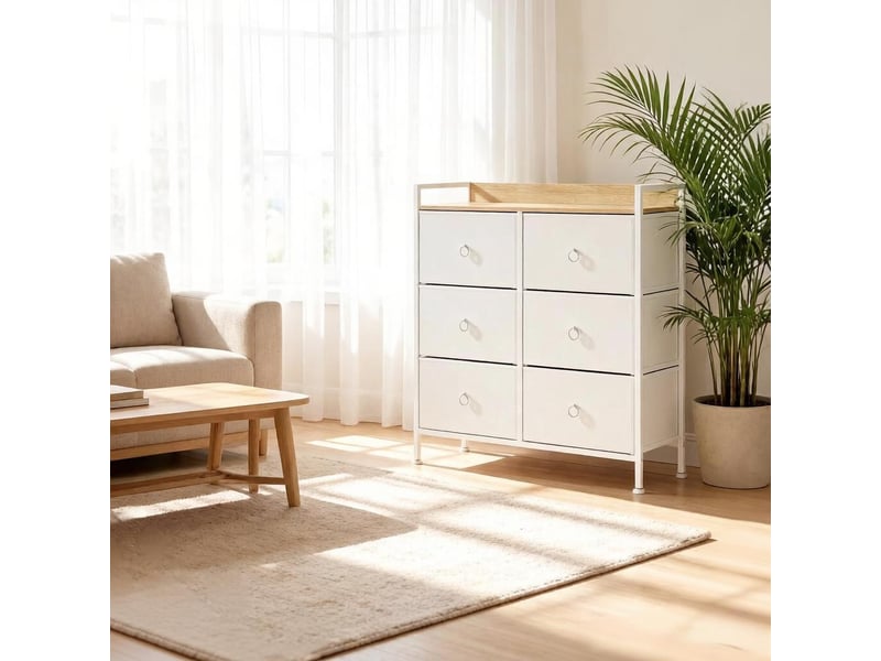  Meuble de rangement, avec 6 tiroirs et structure métal et tissu, pieds réglables, pour entrée et salon, 80×29×78 cm  - Conforama C