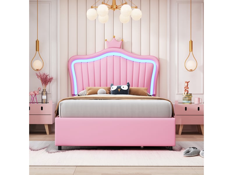  Lit jeune 90x200 cm avec lampe de lecture et 2 tiroirs, velours, gris, sans matelas  - Conforama W