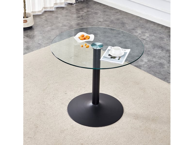  Table ronde 85 cm en verre transparent et métal noir, hauteur 76 cm  - Conforama B
