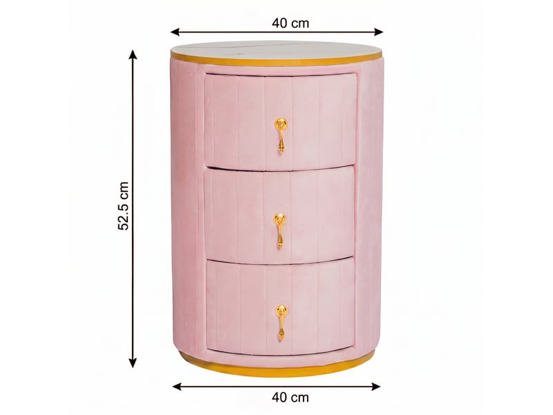  Table de chevet ronde 40 x 40 x 52,5 cm à 3 tiroirs, velours rose, plateau effet marbre, finitions métal doré  - Conforama C