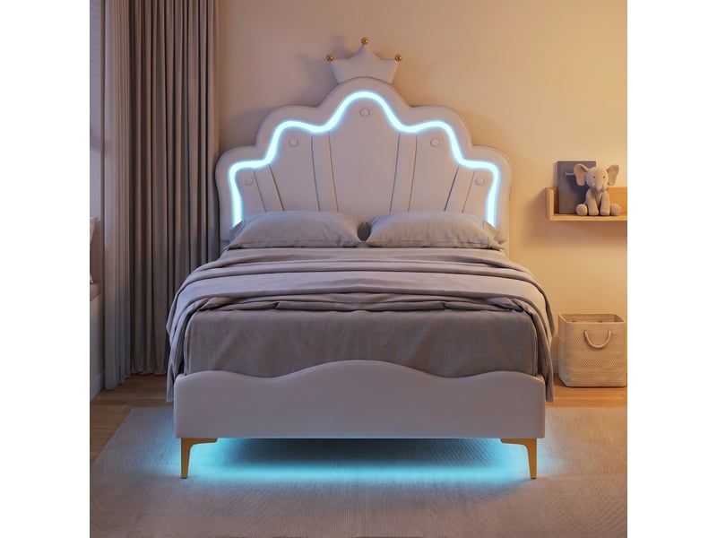  Lit simple 90x200 cm, lit enfant avec rgb led et tête de lit couronne réglable, lit capitonné avec sommier, blanc  - Conforama B