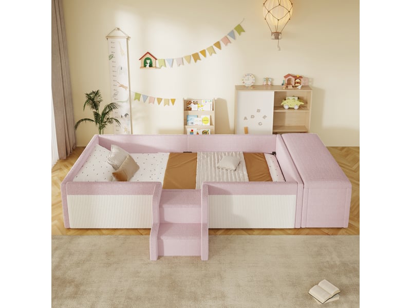  Lit banquette rembourré 90x190 cm en velours rose avec escalier et rangement Morn Vibe - Conforama D