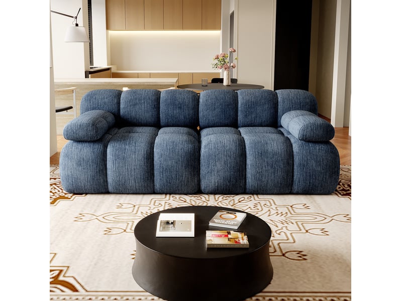  Canapé droit 2 places compressé 200x100x68 cm, pour salon, meuble de salon, en mousse douce et tissu chenille, bleu  - Conforama B