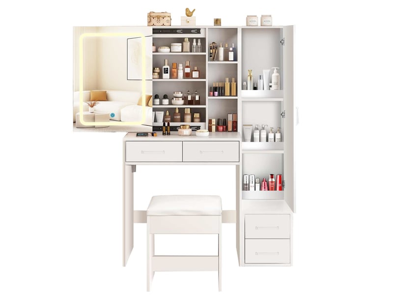  Blanc coiffeuse avec miroir led coulissant, meuble de maquillage avec 4 tiroirs et 1 armoire, table de toilette moderne avec tabouret  - Conforama A