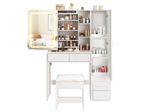 Blanc coiffeuse avec miroir led coulissant, meuble de maquillage avec 4 tiroirs et 1 armoire, table de toilette moderne avec tabouret