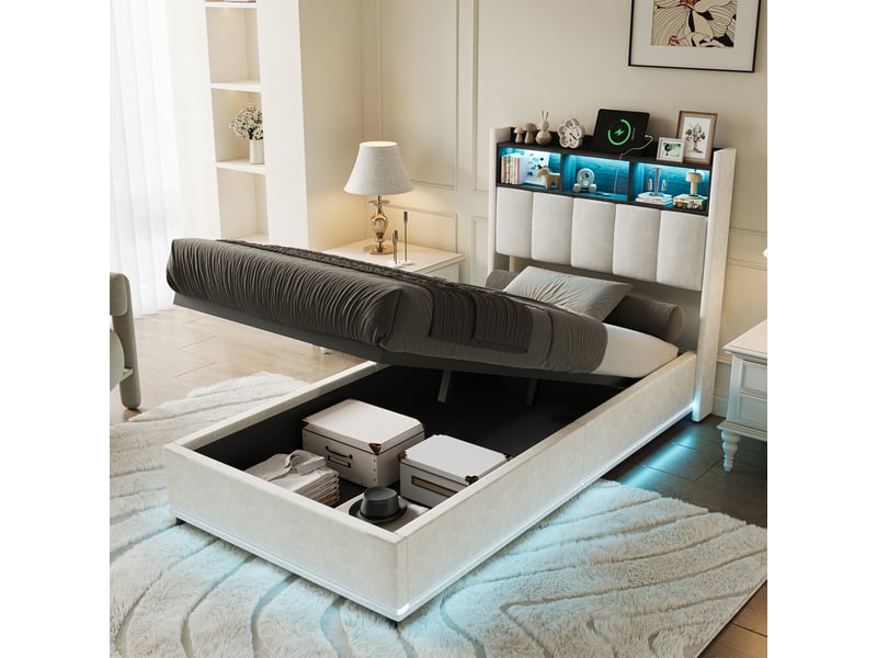  Lit coffre 90x200 cm -lit capitonné simple  - lit rembourré avec rangement hydraulique - usb et led  - Conforama C