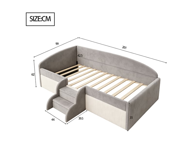  Lit simple enfant 90x190 cm en velours gris avec marches et barrières  - Conforama C