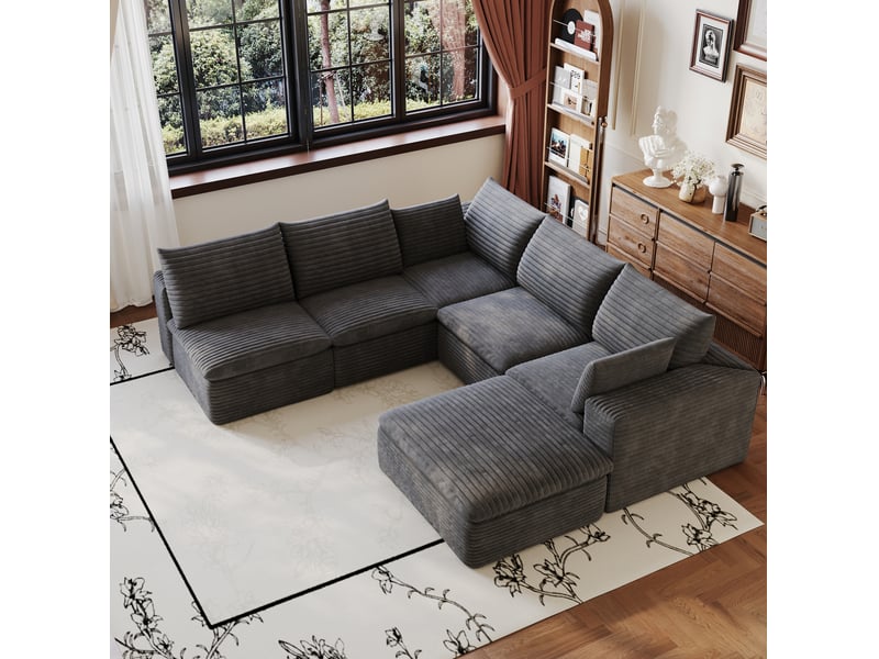  Canapé d'angle modulable modenvie 6 places en velours côtelé gris foncé 260 x 250 cm, coussins amovibles  - Conforama E