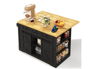 Îlot de cuisine 130x5080x87cm avec 3 tiroirs, porte coulissantes et prises usb, rangement, mdf, noir et bois