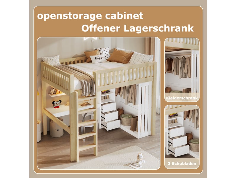  Lit mezzanine 140x200 cm avec bureau, armoire, 3 tiroirs, escalier, pin et mdf, blanc et bois naturel, sans matelas  - Conforama E
